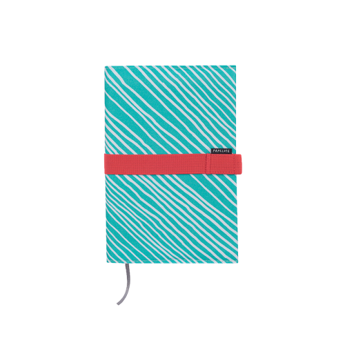 Turquoise fabric cover with red pen loop