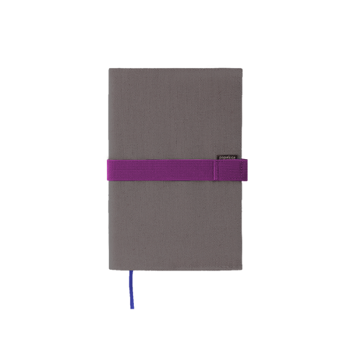 Gray fabric cover with violet pen loop