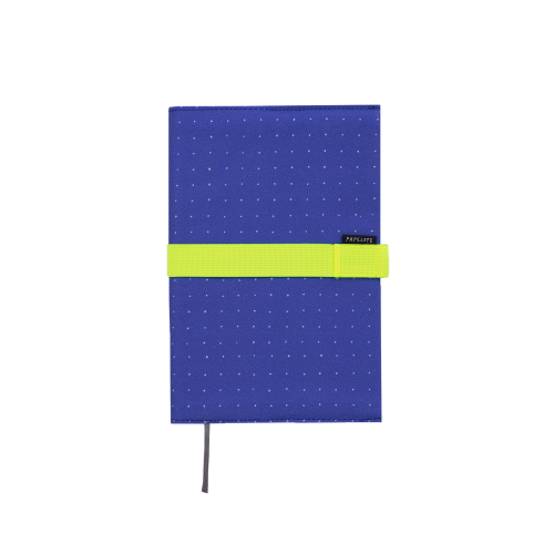 Dark blue fabric cover with yellow pen loop